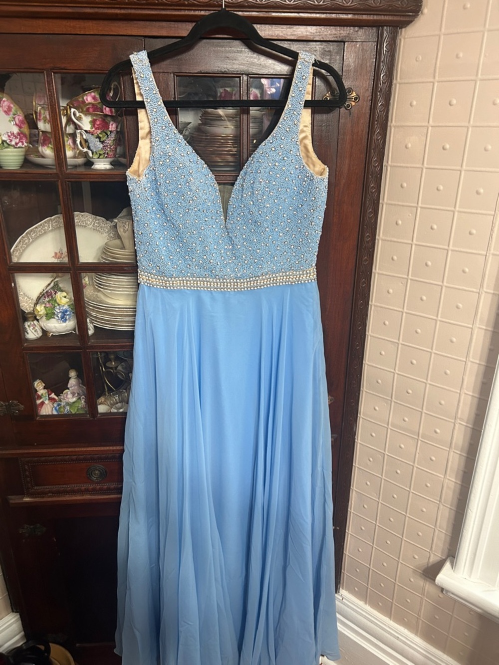 Light Blue Beaded V-Neck prom or event Dress